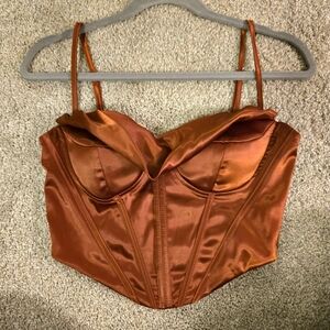 Copper M Medium Satin Bustier Top Corset Whimsigoth Cowl Neckline Gold Brown